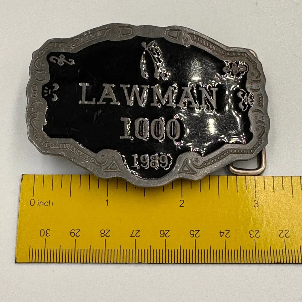 Vintage Lawman 1000 Belt Buckle 1989 Black Enamel Western Made in USA CD Hit